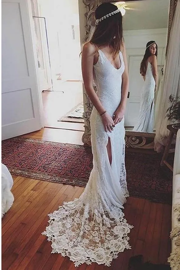 Sexy Spaghetti Straps Sheath Wedding Dress with Slit Romantic Lace Beach Wedding Dress CP028