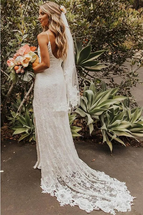 Sexy Spaghetti Straps Sheath Wedding Dress with Slit Romantic Lace Beach Wedding Dress CP028