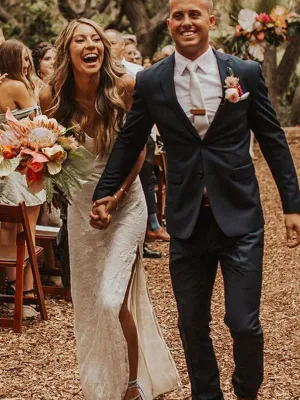 Sexy Spaghetti Straps Sheath Wedding Dress with Slit Romantic Lace Beach Wedding Dress CP028