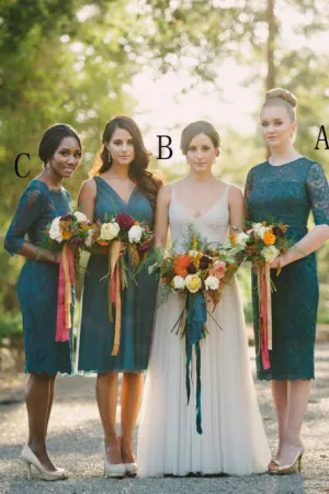 Sheath Crew Half Sleeves Knee-Length Lace Bridesmaid Dress OHS077
