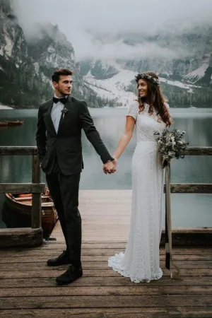 Sheath Crew Short Sleeves Floor-Length White Lace Wedding Dress OHD061