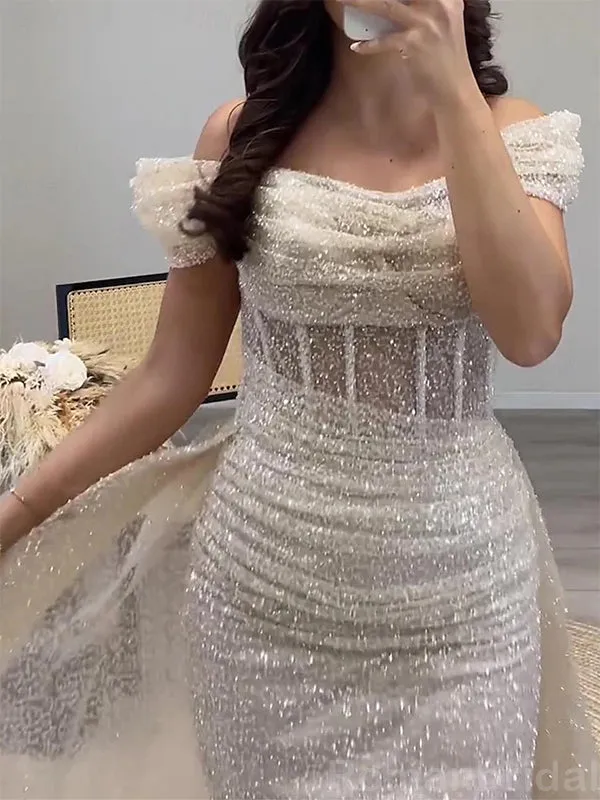 Shinning Off the Shoulder Backless A-line Ivory Evening Prom Dress Online, OL087