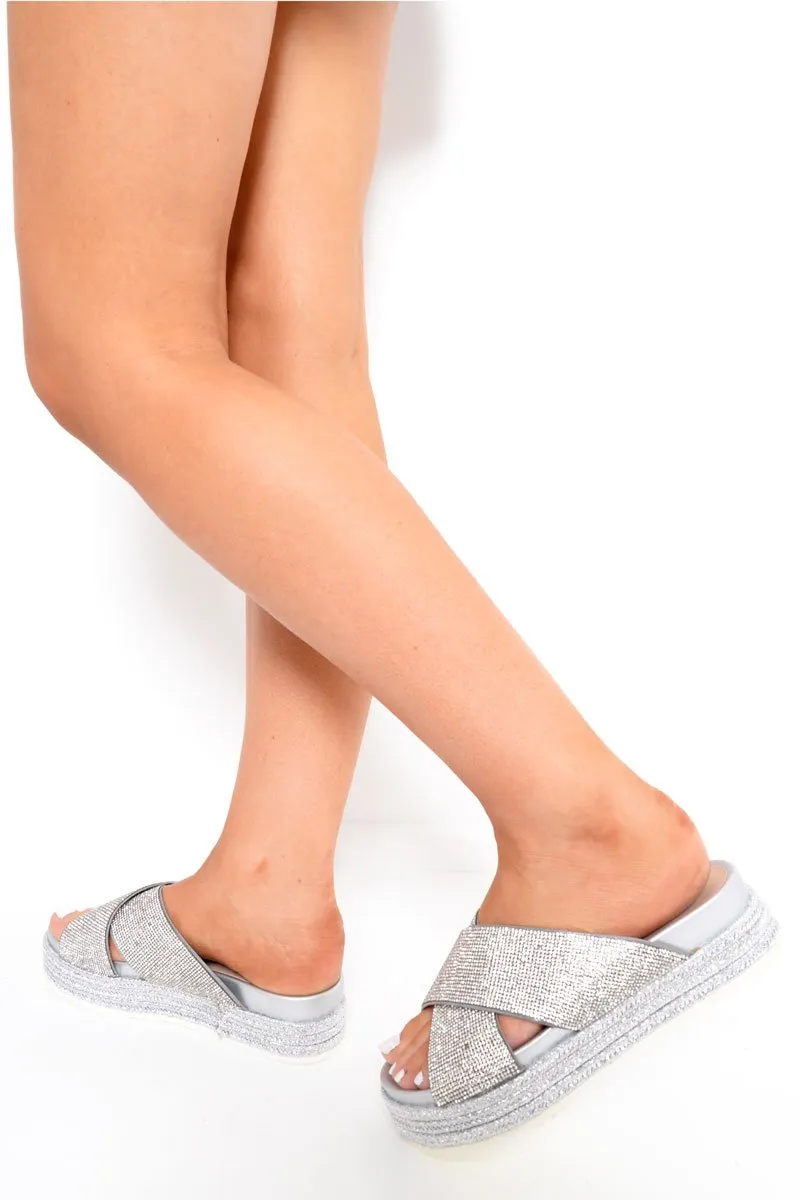 Silver Diamante Flatform Sliders - Clydie
