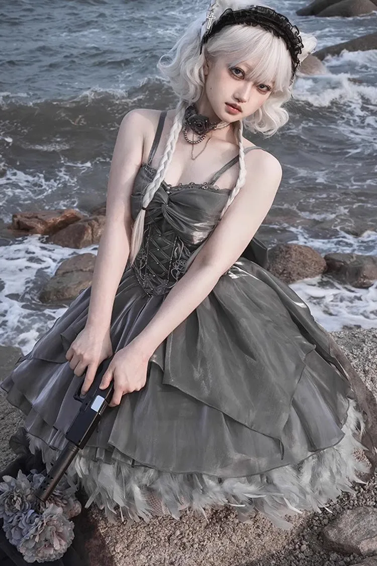 Silver Gray Ruffle Bowknot Peninsula Iron Box Ballet Sweet Elegant Princess Lolita Jsk Dress