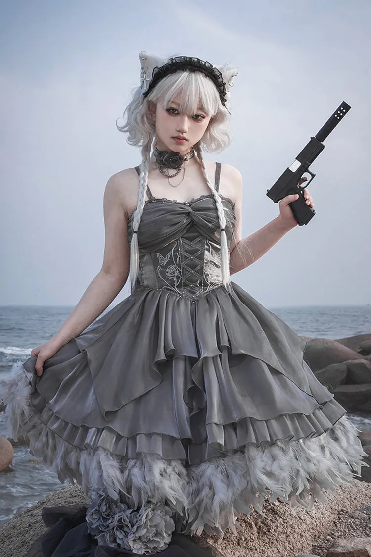 Silver Gray Ruffle Bowknot Peninsula Iron Box Ballet Sweet Elegant Princess Lolita Jsk Dress
