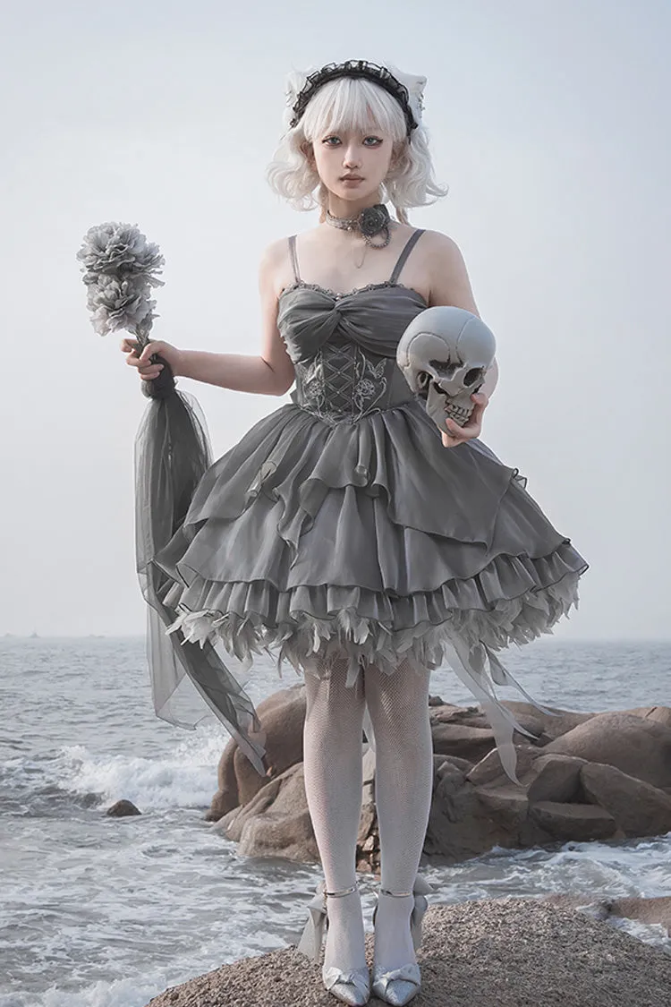 Silver Gray Ruffle Bowknot Peninsula Iron Box Ballet Sweet Elegant Princess Lolita Jsk Dress