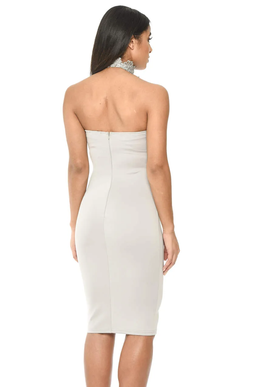Silver Halterneck Choker Dress With Lace Detail