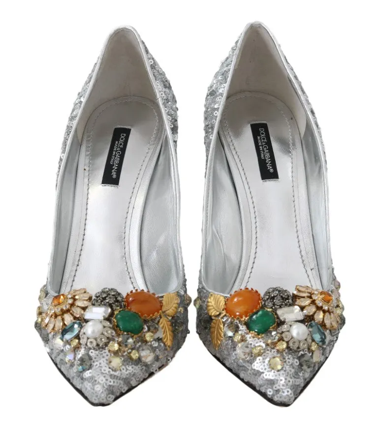 Silver Sequined Crystal Heels Pumps