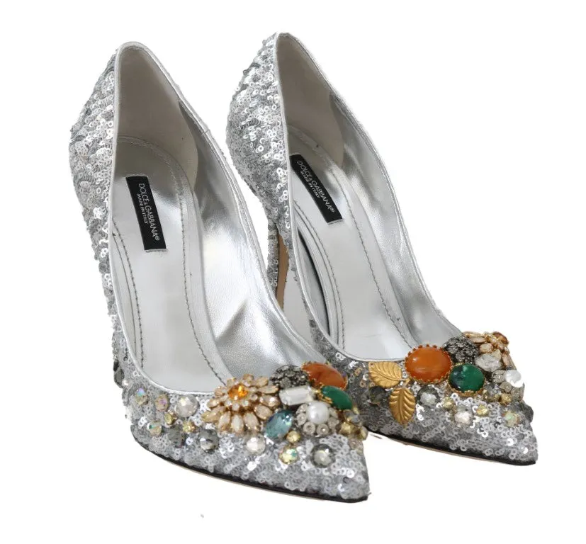 Silver Sequined Crystal Heels Pumps