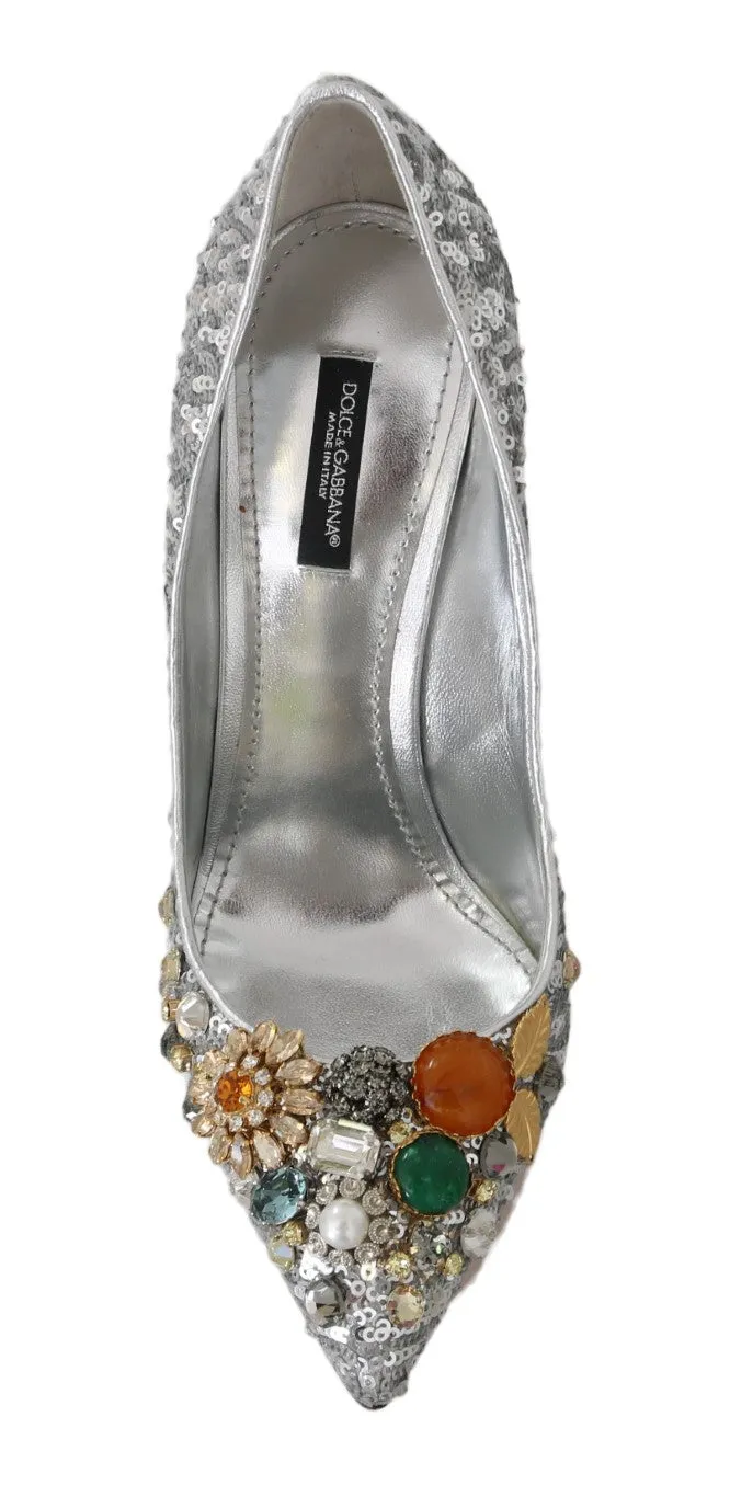 Silver Sequined Crystal Heels Pumps