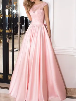 Simple A-line Scoop Sleeveless Long Satin Pink Prom Dress/Evening Dress OHC286