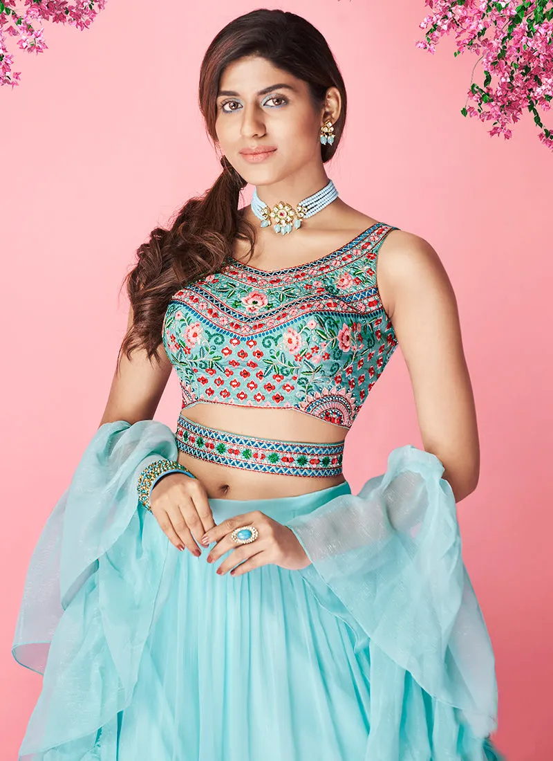 Sky Blue Multi Embroidered Wedding Lehenga Choli