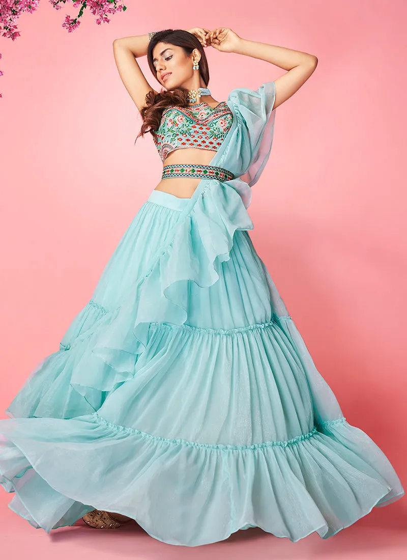 Sky Blue Multi Embroidered Wedding Lehenga Choli