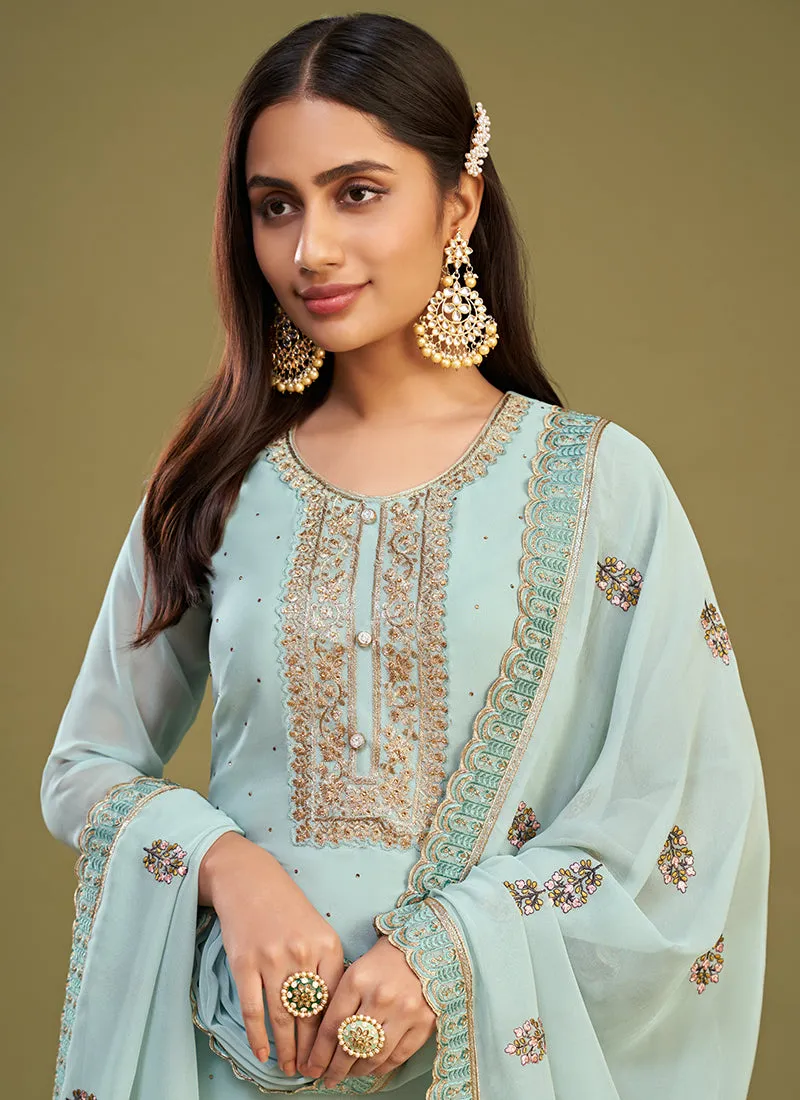 Sky Blue Thread Embroidery Pakistani Style Pant Suit