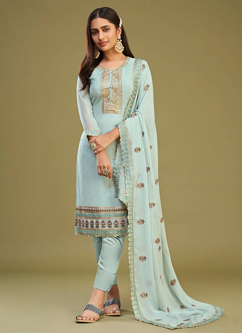 Sky Blue Thread Embroidery Pakistani Style Pant Suit