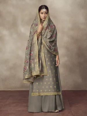 Slate Grey Golden Embroidered Designer Silk Palazzo Suit