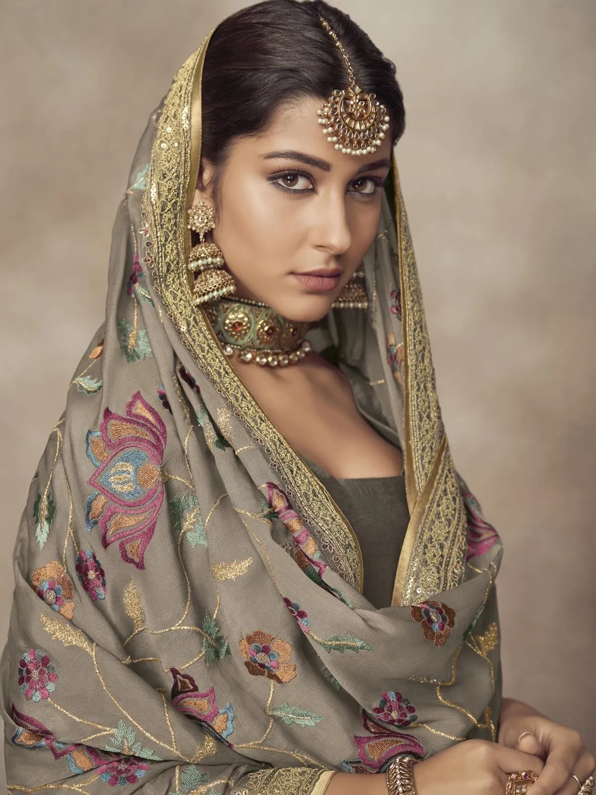 Slate Grey Golden Embroidered Designer Silk Palazzo Suit
