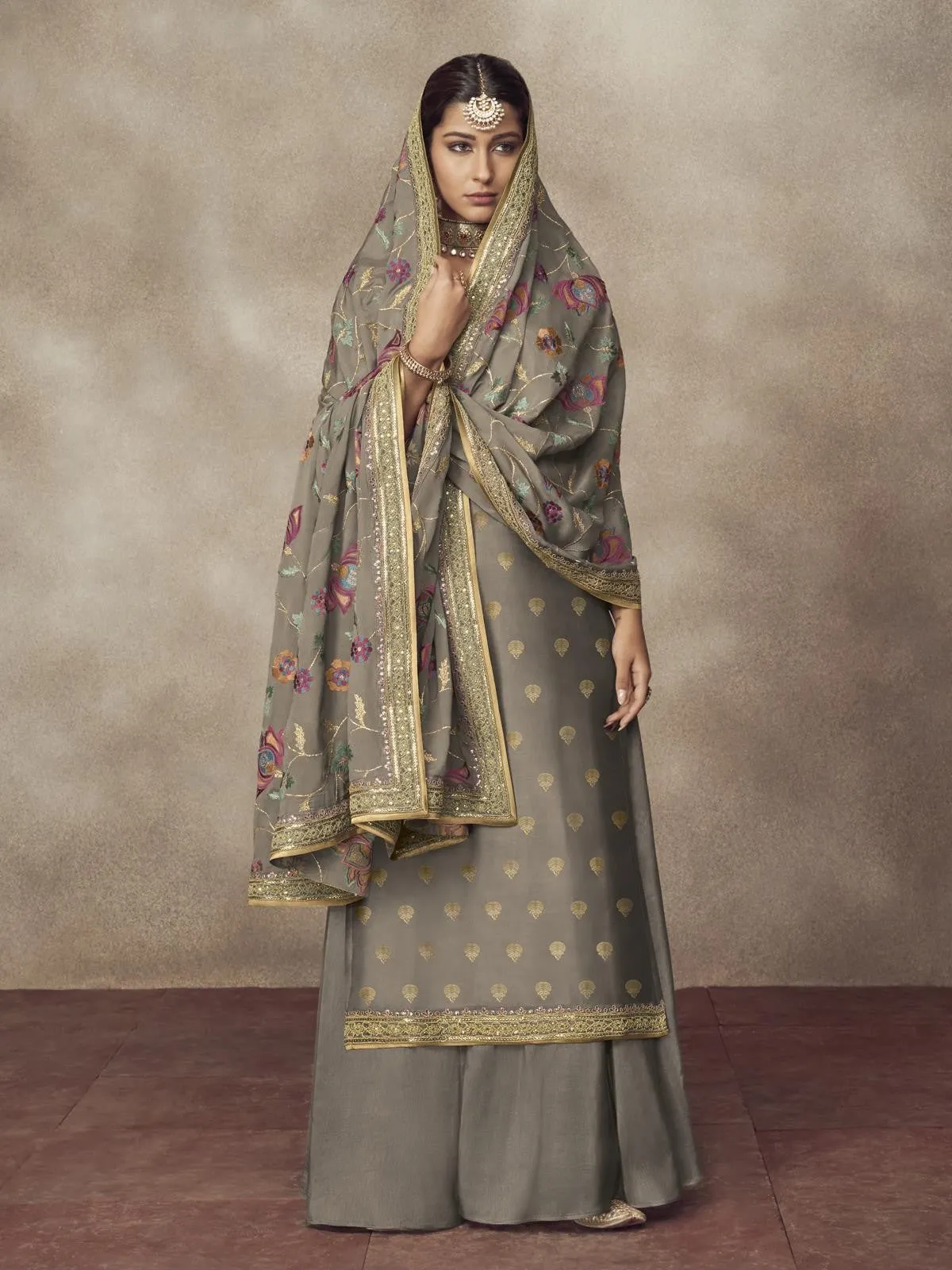 Slate Grey Golden Embroidered Designer Silk Palazzo Suit