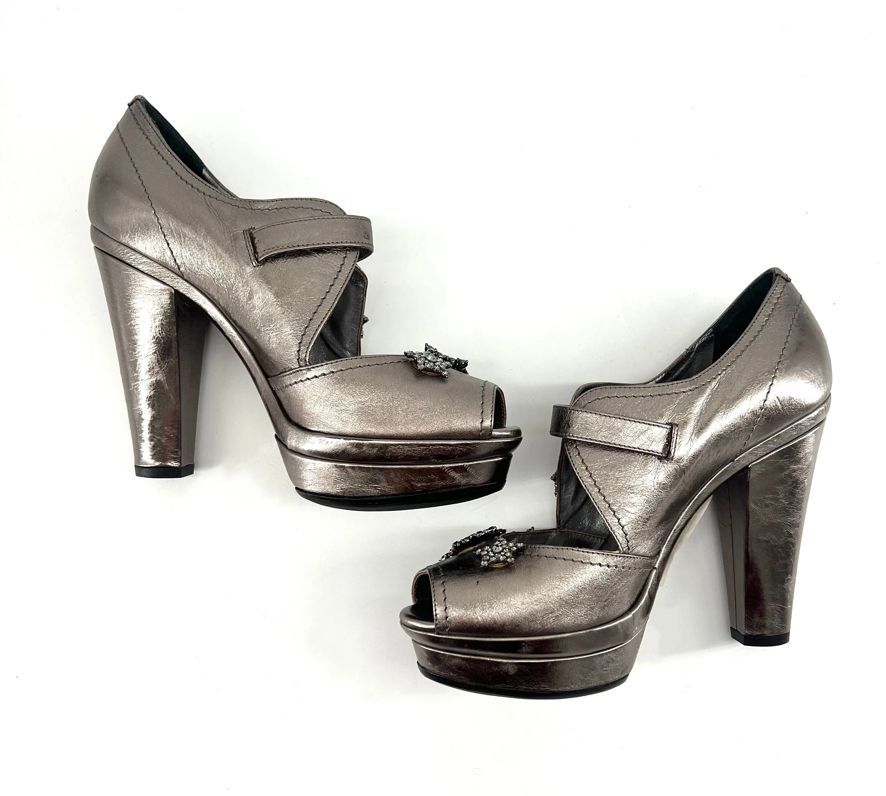 Sonia Rykiel Silver Leather Rhinestone Glam-Rock Star Platforms