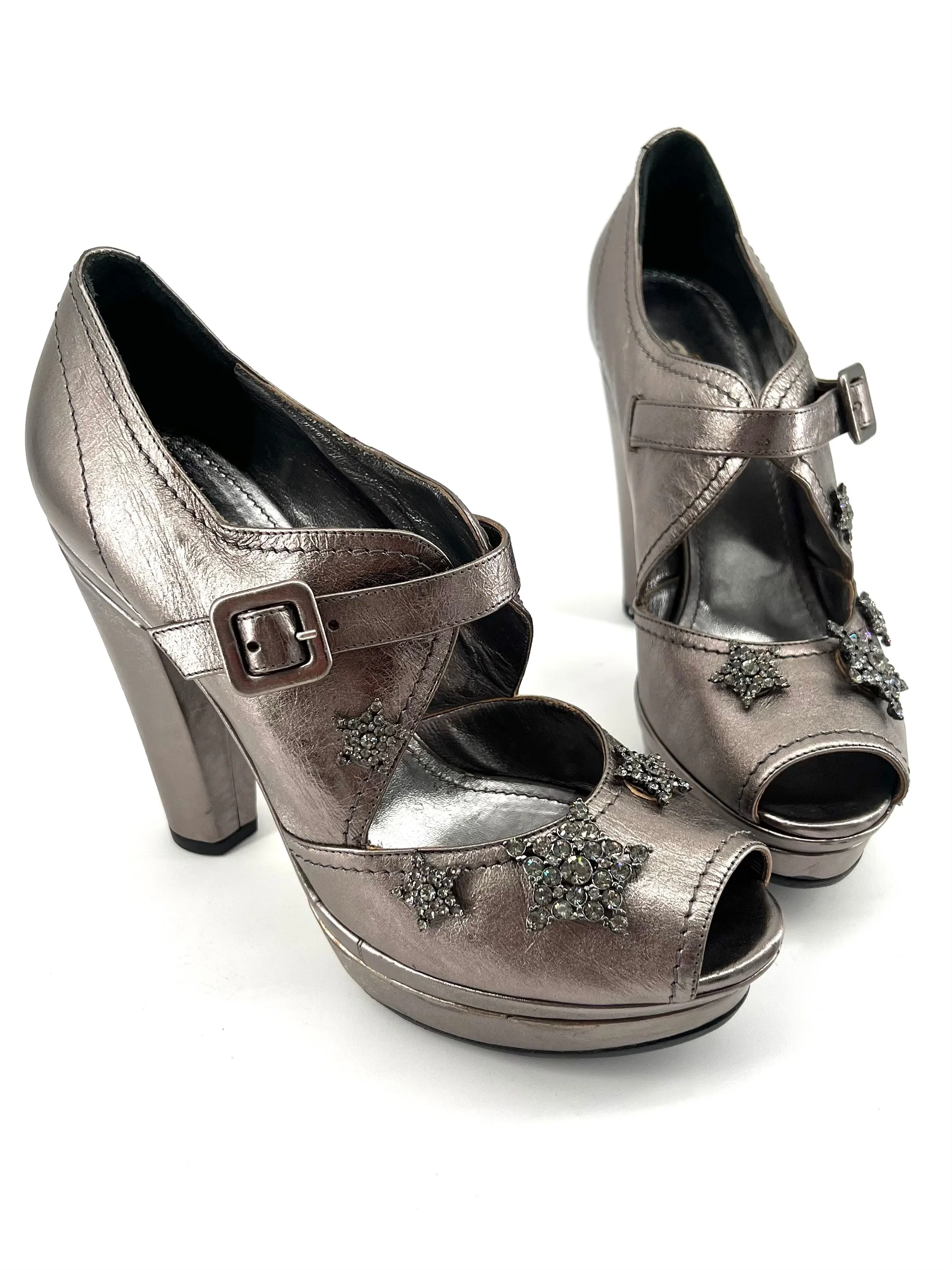 Sonia Rykiel Silver Leather Rhinestone Glam-Rock Star Platforms