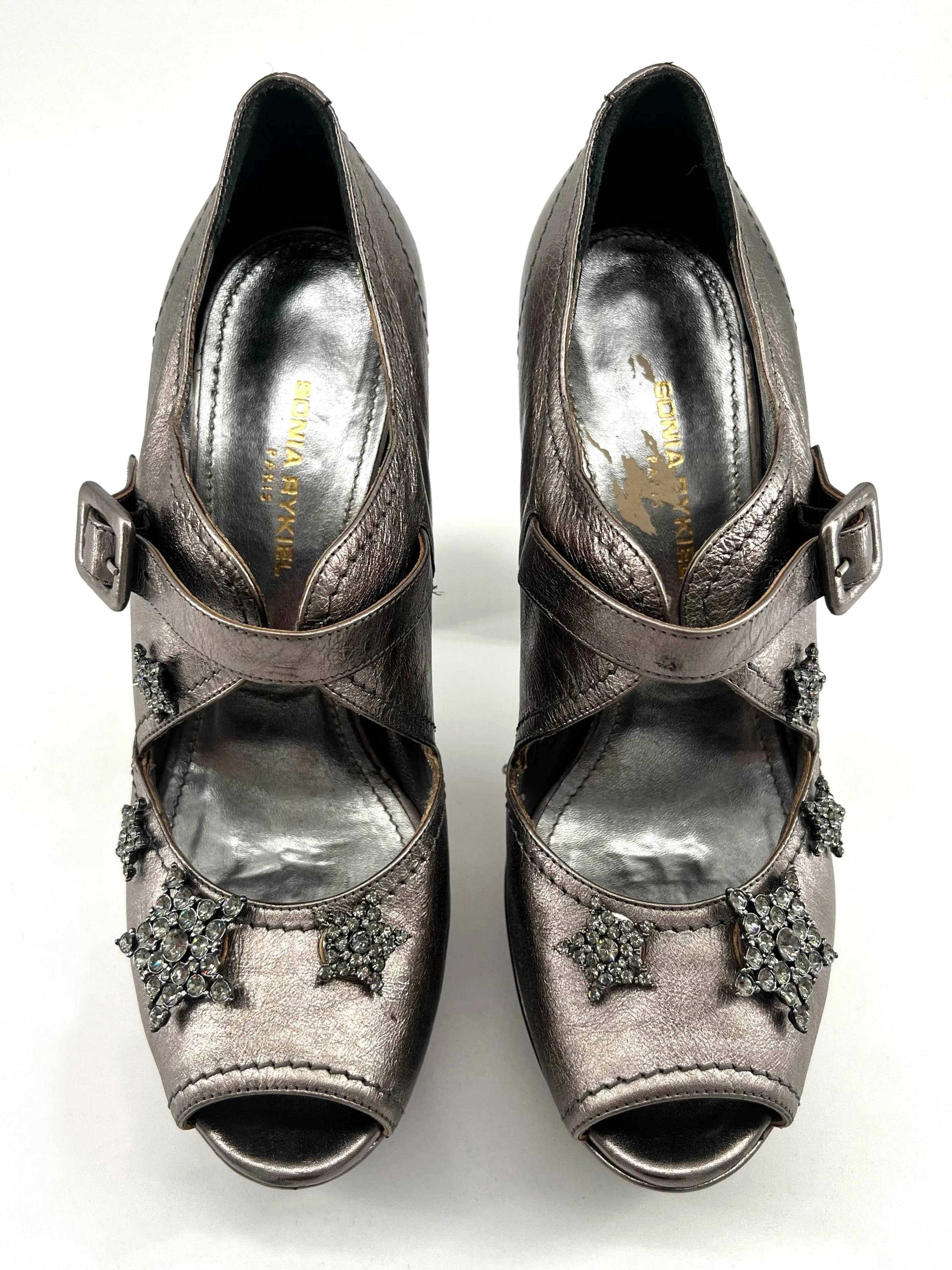 Sonia Rykiel Silver Leather Rhinestone Glam-Rock Star Platforms