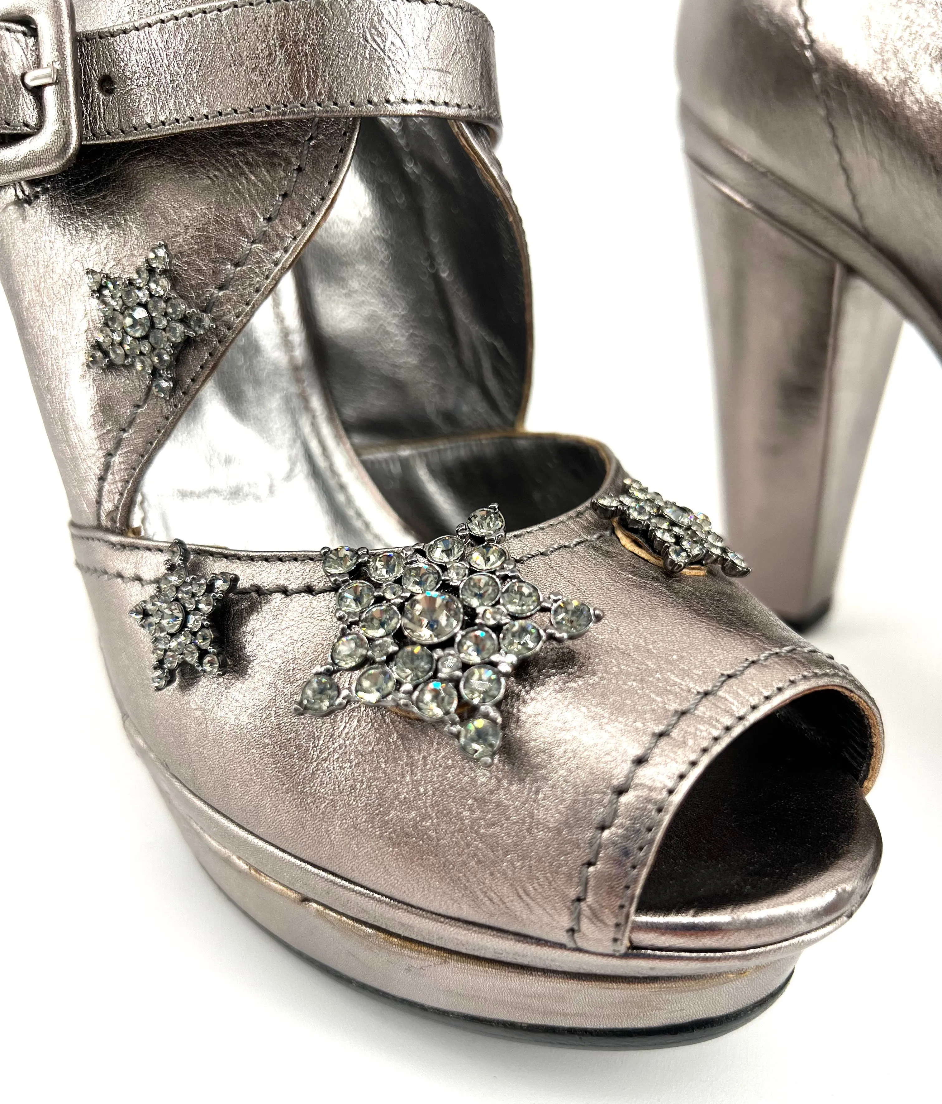 Sonia Rykiel Silver Leather Rhinestone Glam-Rock Star Platforms