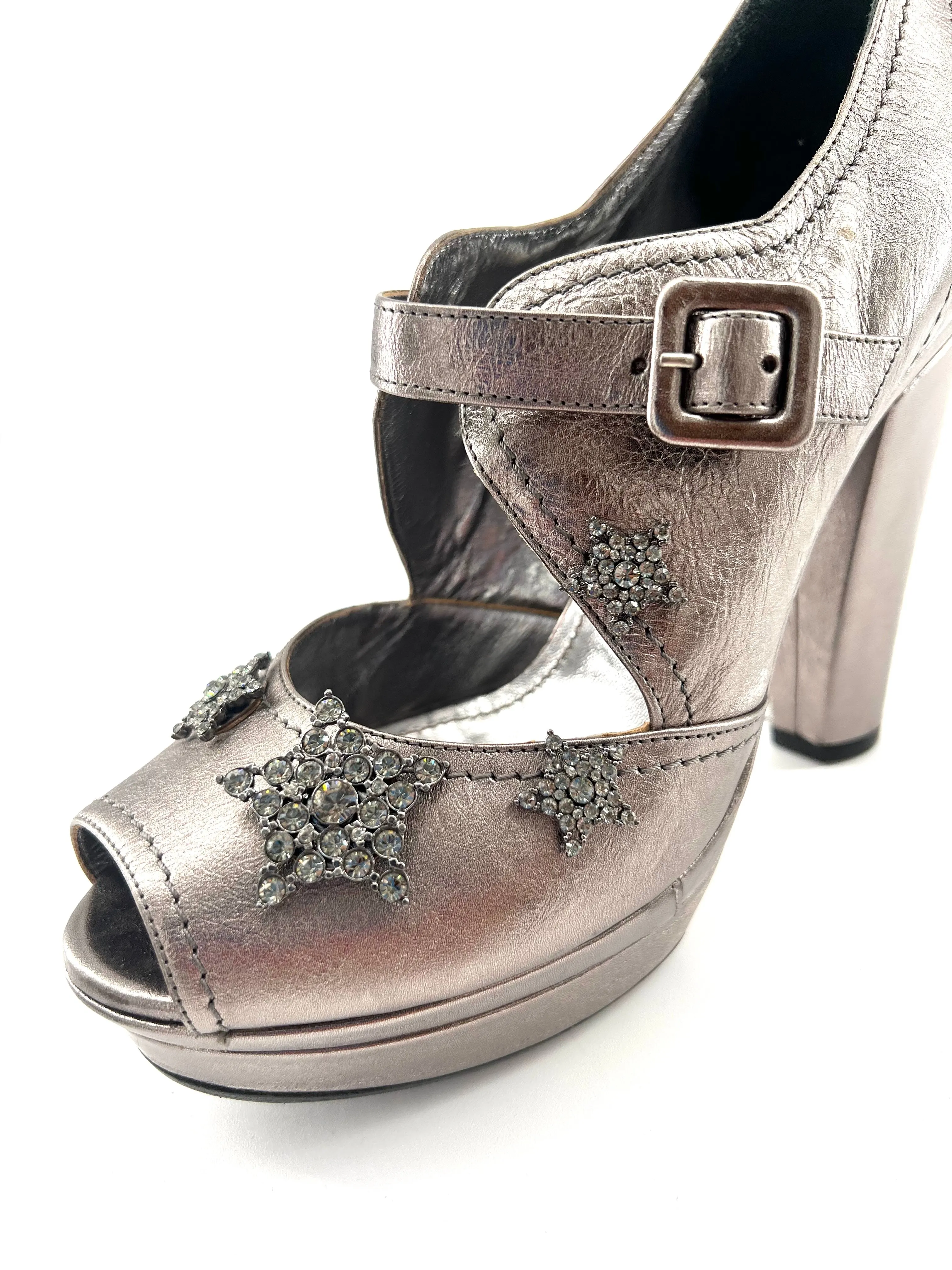 Sonia Rykiel Silver Leather Rhinestone Glam-Rock Star Platforms