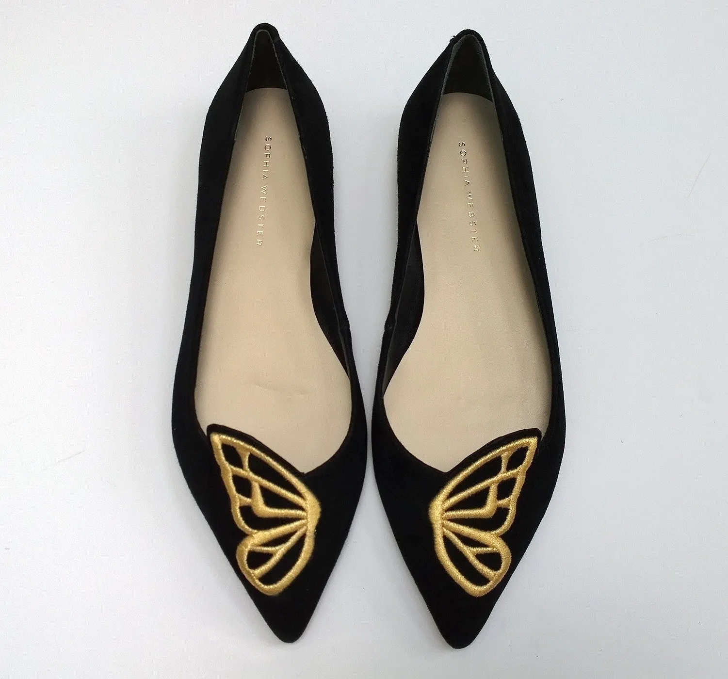 Sophia Webster Bibi Butterfly Black Suede with Yellow Gold Embroidery Pointy Flats Shoes