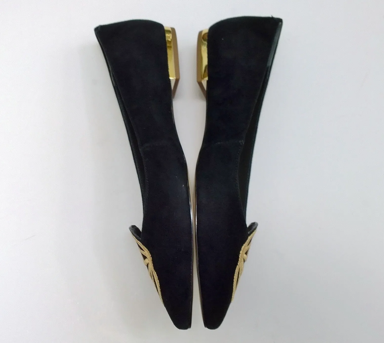 Sophia Webster Bibi Butterfly Black Suede with Yellow Gold Embroidery Pointy Flats Shoes