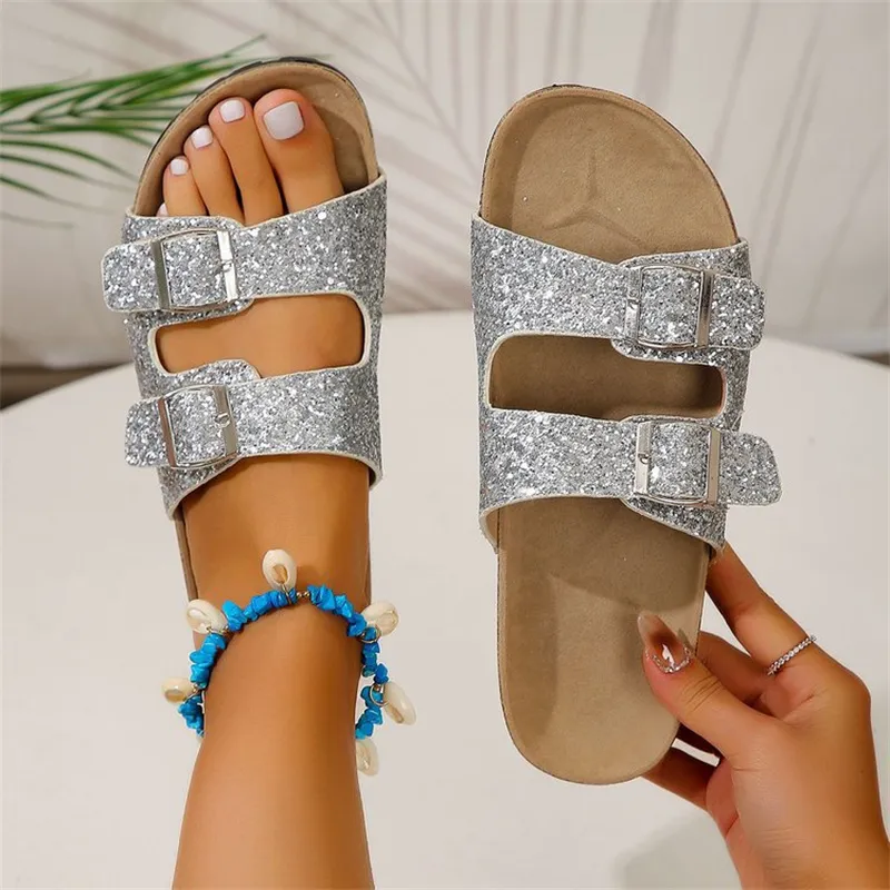 Sparkling Women's Open-Toe Sandals with Dual Buckles