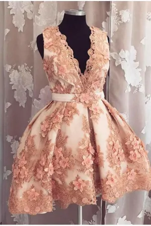 Sparkly Homecoming Dresses V Neck Sleeveless Lace Chic Short Prom Dress Sexy Party Dress OHM129