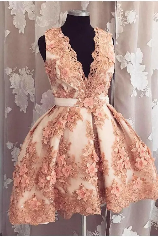 Sparkly Homecoming Dresses V Neck Sleeveless Lace Chic Short Prom Dress Sexy Party Dress OHM129