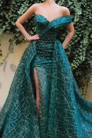 Sparkly One Shoulder Prom Dresses A Line Sweep Train Sleeveless Long Lace Prom Dress OHC314