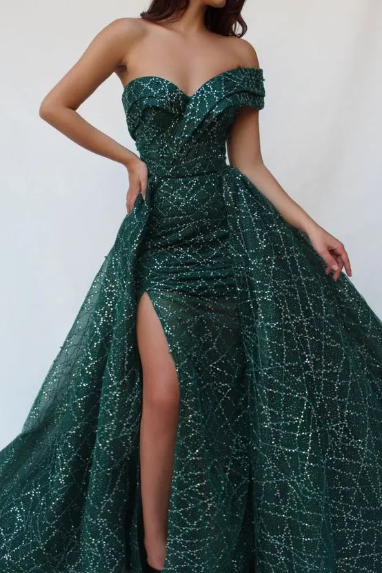 Sparkly One Shoulder Prom Dresses A Line Sweep Train Sleeveless Long Lace Prom Dress OHC314