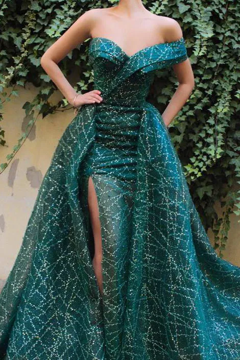 Sparkly One Shoulder Prom Dresses A Line Sweep Train Sleeveless Long Lace Prom Dress OHC314