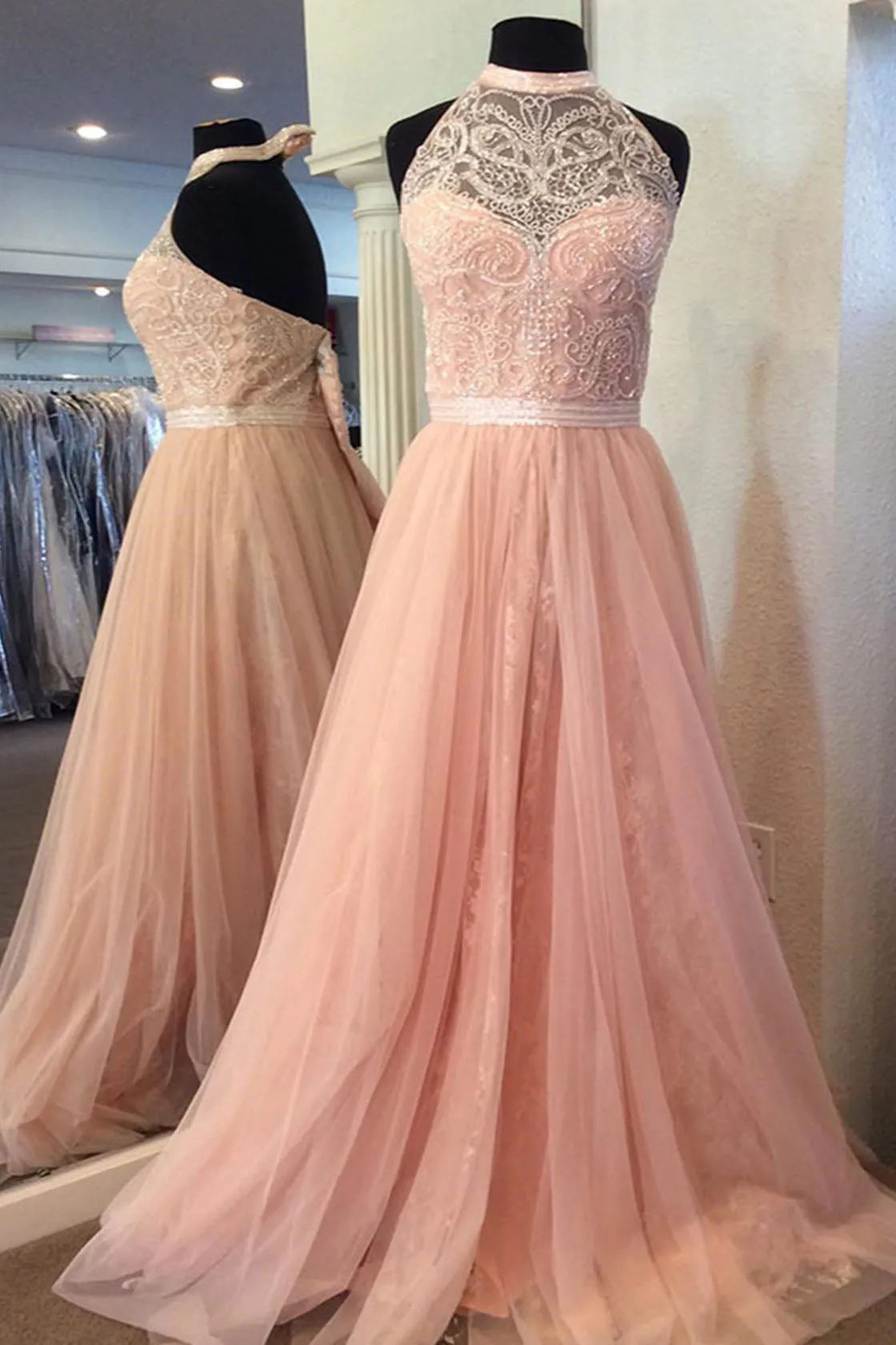 Spring A Line Jewel Open Back Long Crystal Long Tulle Prom Dresses OHC484