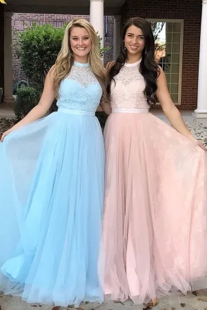 Spring A Line Jewel Open Back Long Crystal Long Tulle Prom Dresses OHC484