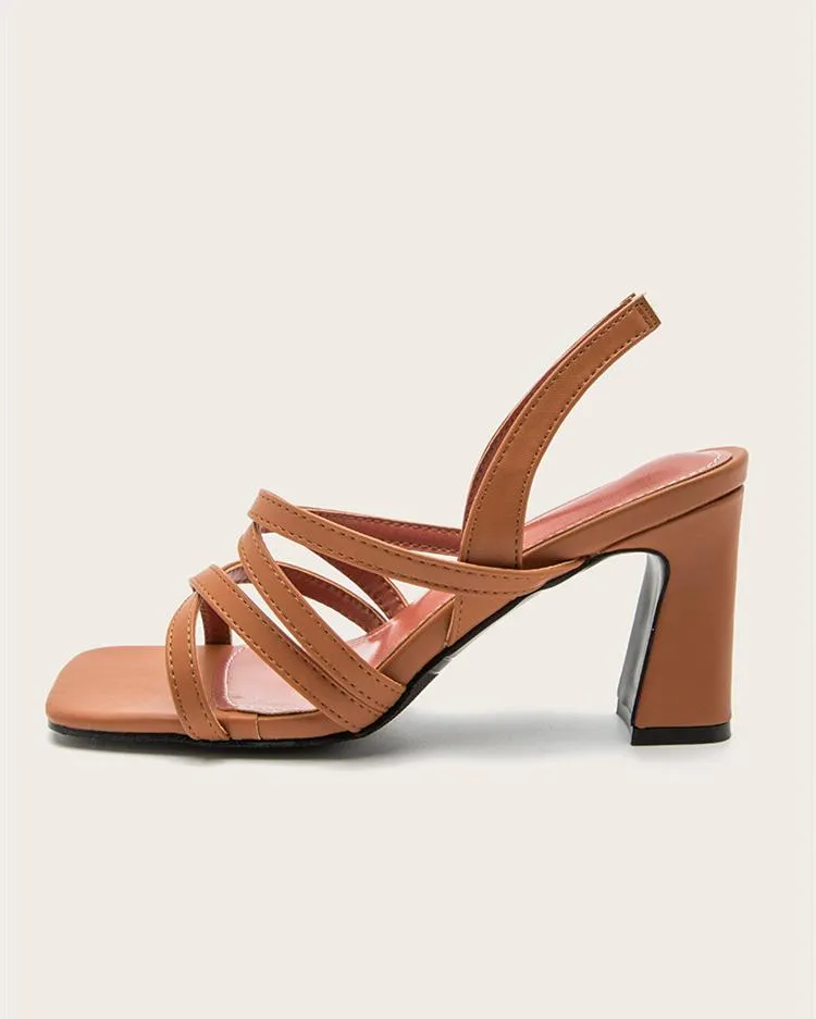 Square Heel Strappy Sandals - Brown