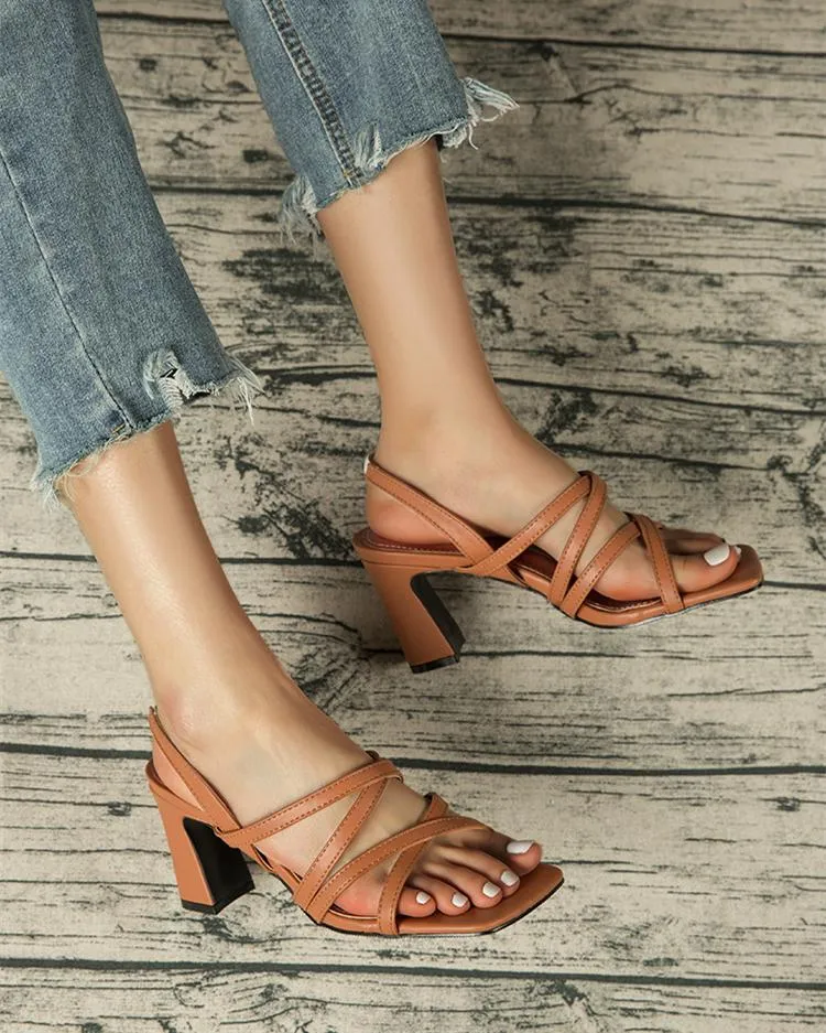 Square Heel Strappy Sandals - Brown