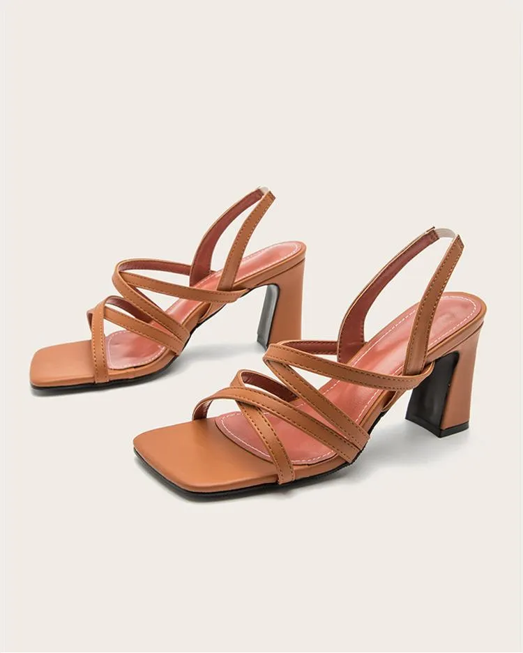 Square Heel Strappy Sandals - Brown