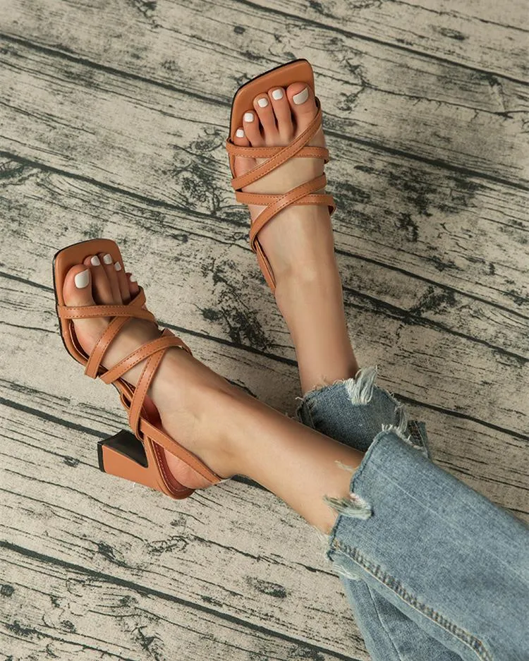 Square Heel Strappy Sandals - Brown