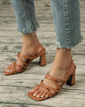 Square Heel Strappy Sandals - Brown