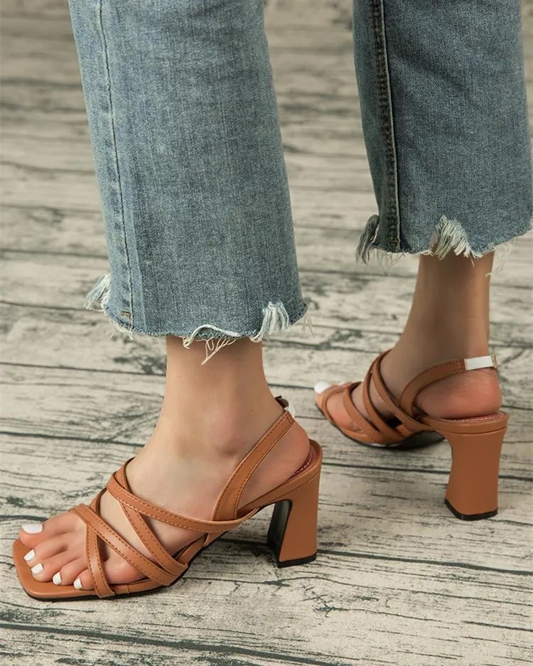 Square Heel Strappy Sandals - Brown