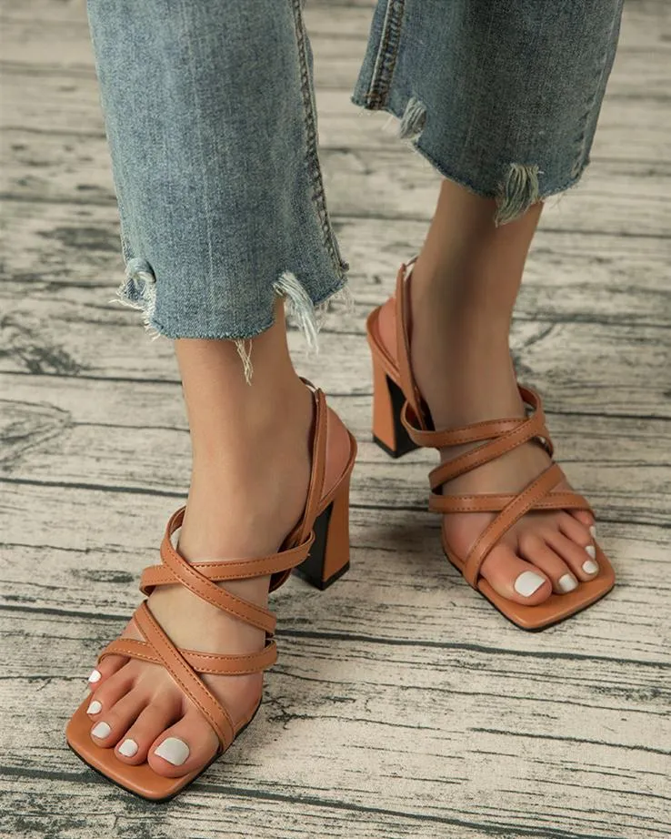 Square Heel Strappy Sandals - Brown