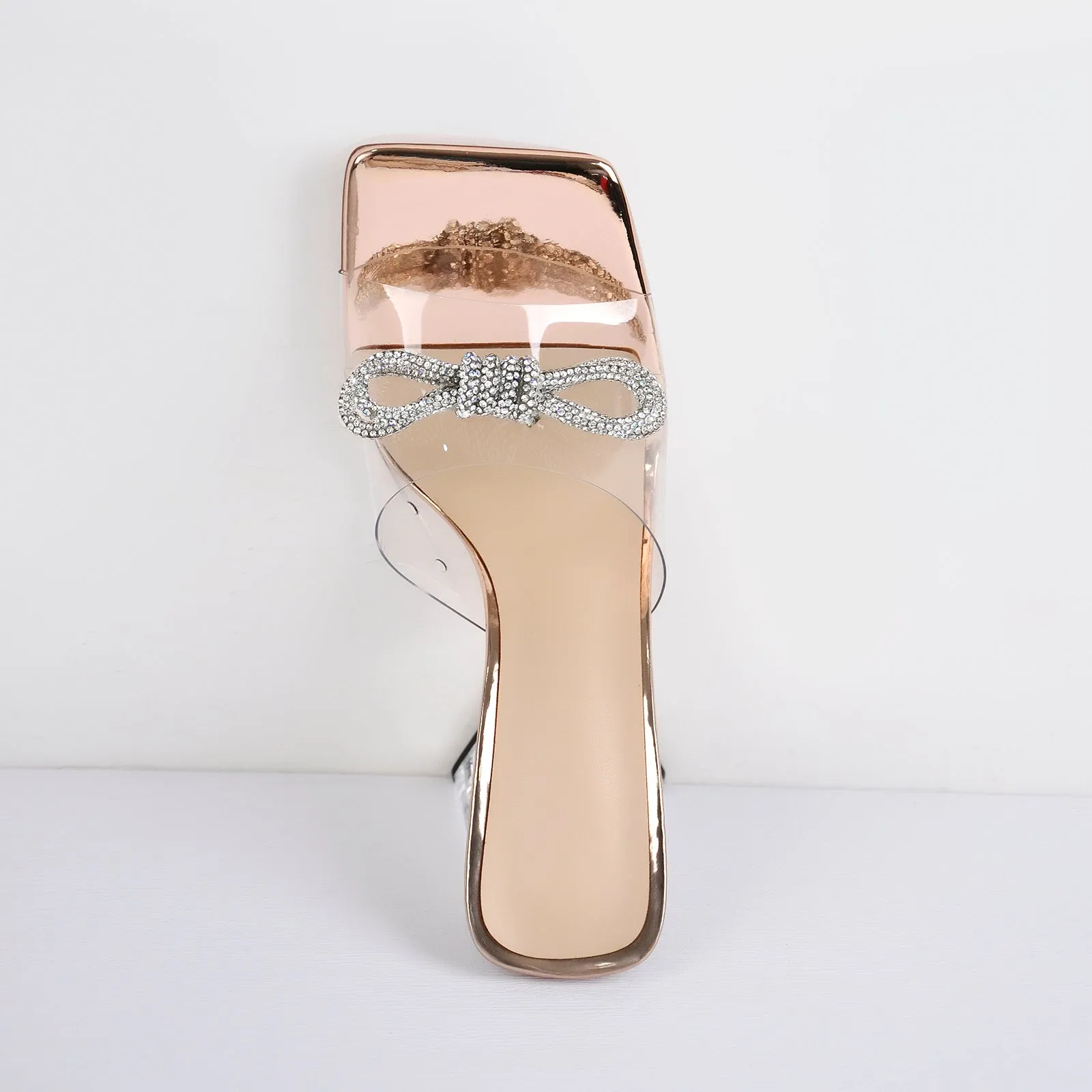Square Toe Clear Band Diamante Bow Sandals