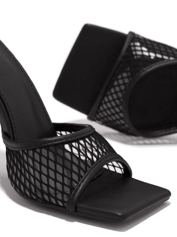 Square Toe Mesh Lace Up Heel