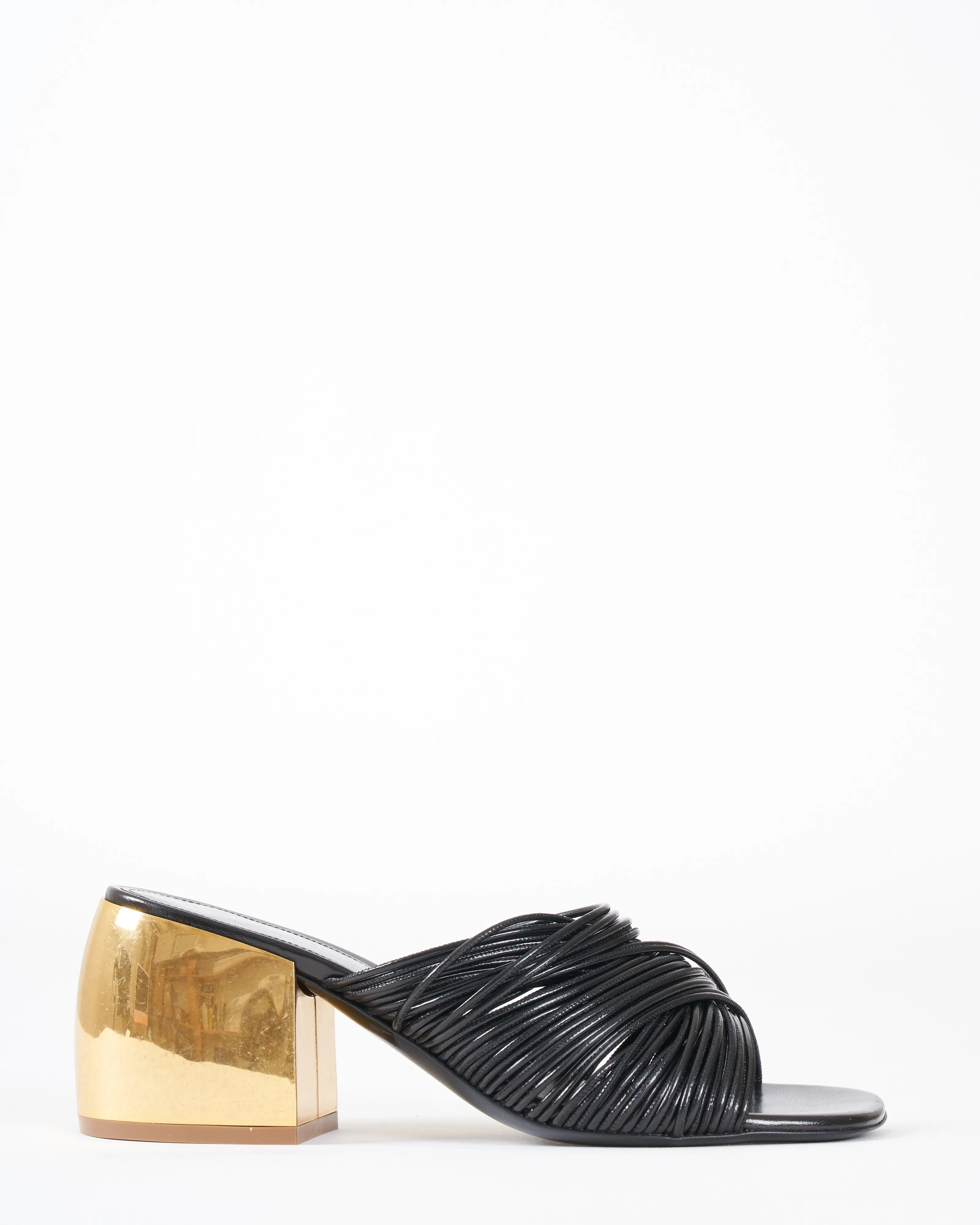 strappy heel - black leather brass heel