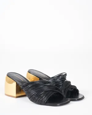 strappy heel - black leather brass heel