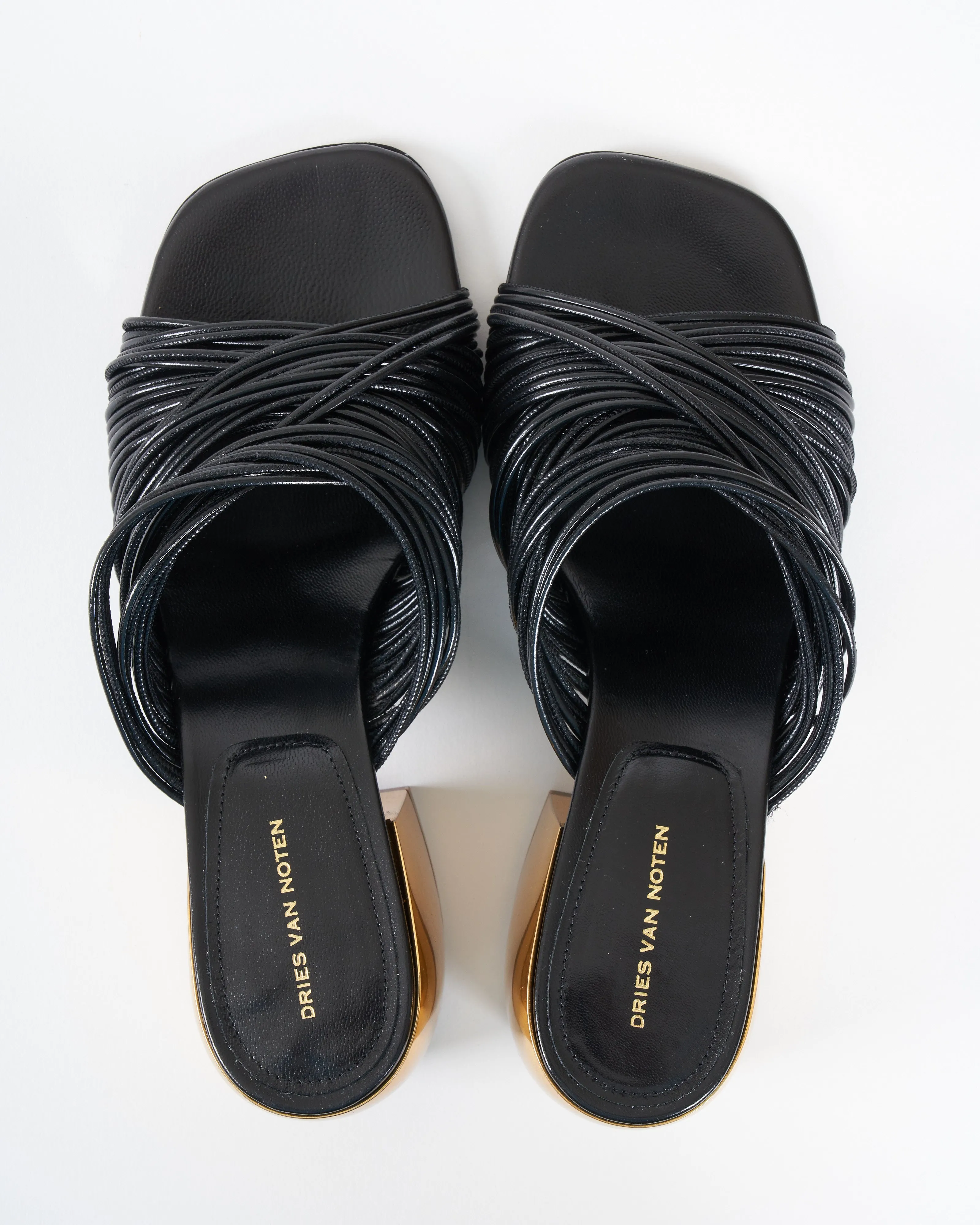 strappy heel - black leather brass heel