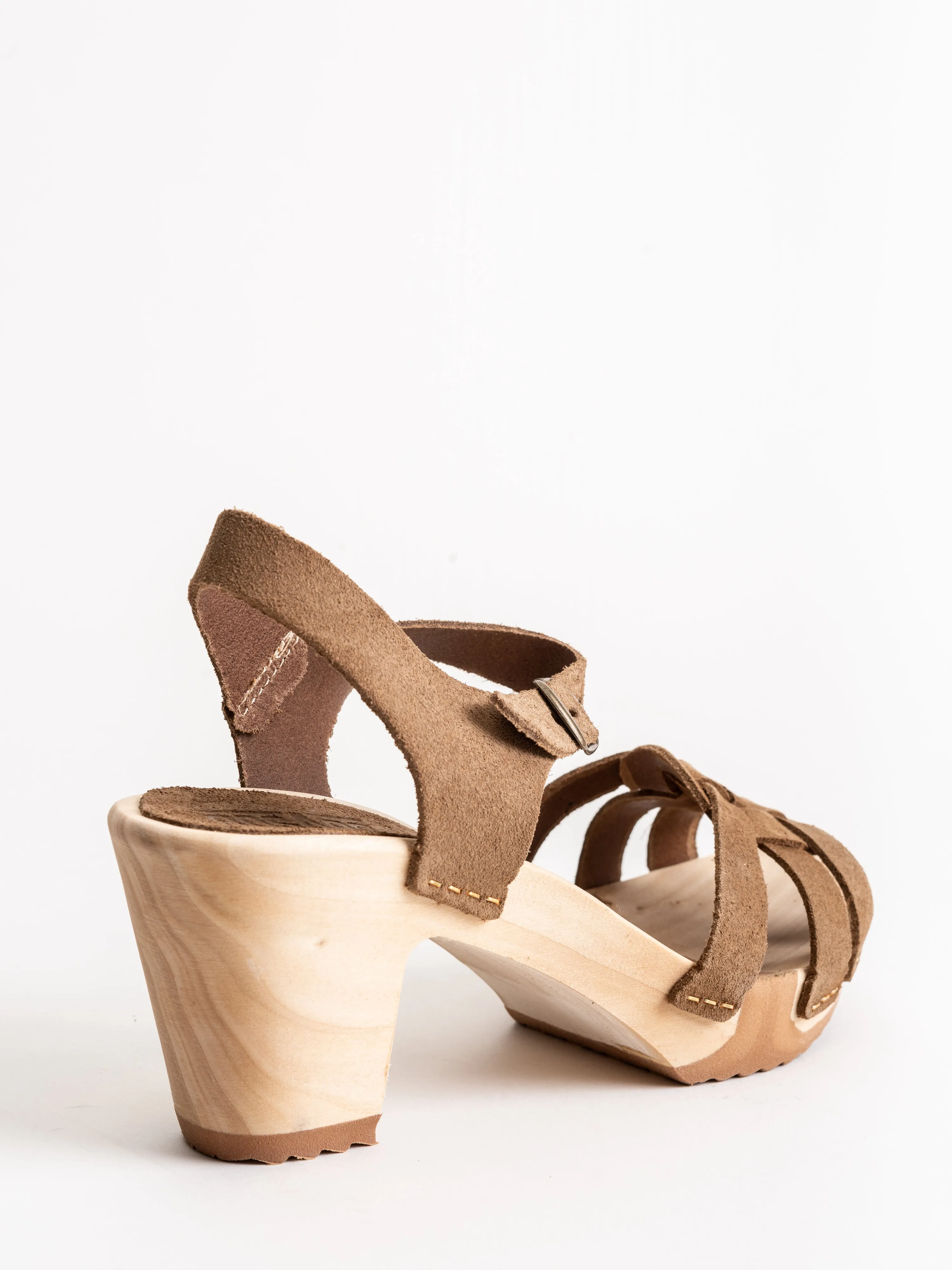 strappy high clog - tan suede